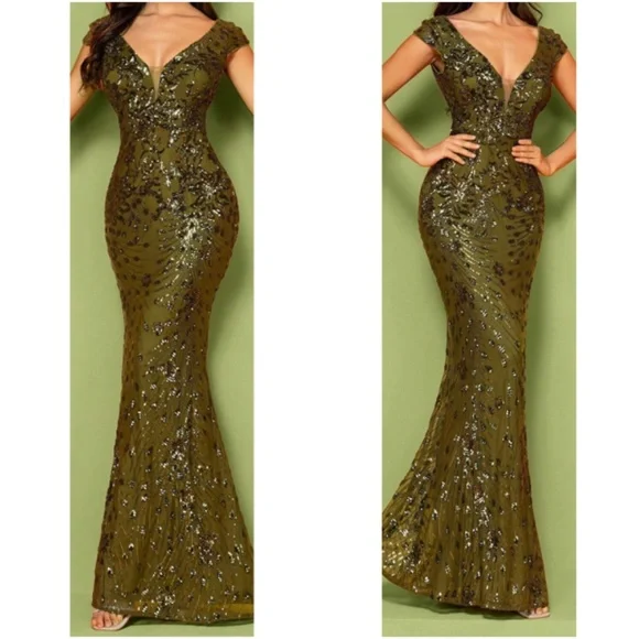 Plus V neck Sequin High Waisted Formal Black Tie Wedding Dress